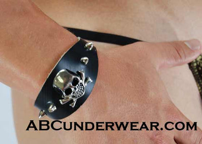 Black Leather Skull Bracelet with Spikes
