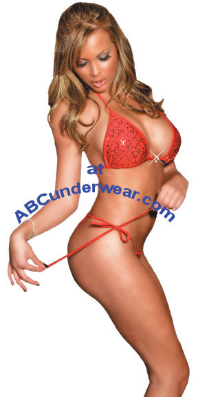 Clearance: Women's Red Lingerie Rhinestone Set with Tie Sides