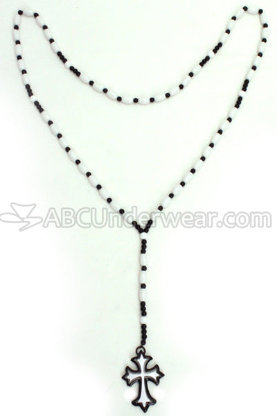 Double Cross Black and White Rosary Necklace