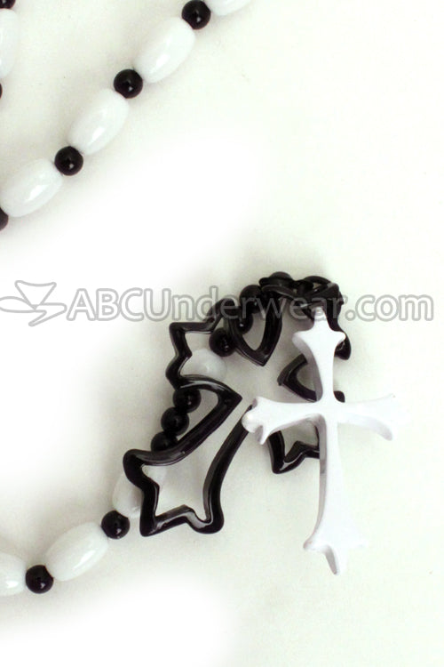 Double Cross Black and White Rosary Necklace