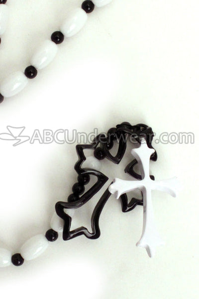 Double Cross Black and White Rosary Necklace