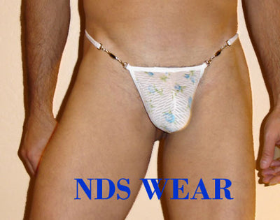 Elegant White G-String for Men with Blue Rose Design