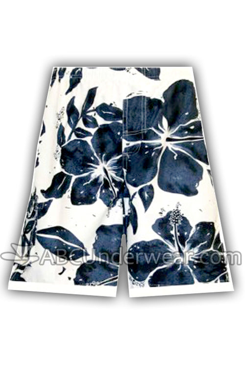 Hibiscus Board Short Swimsuit - White & Navy Blue
