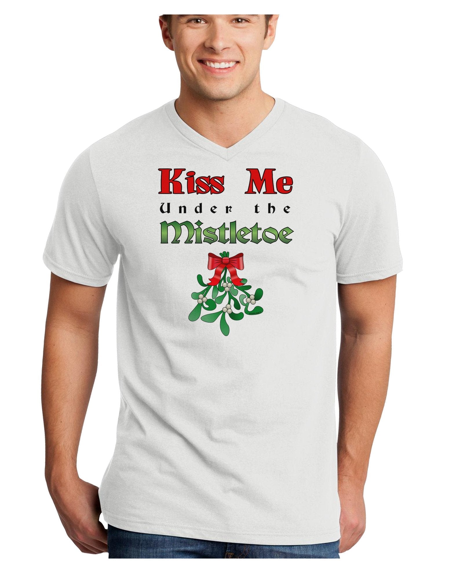 Kiss Me Under the Mistletoe Christmas Unisex Adult V-Neck T-shirt