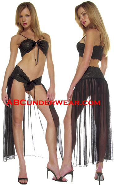 Lace Tie Front Top with Sheer Long Skirt