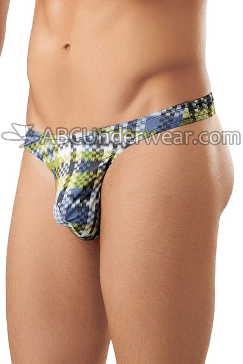 Limited Stock: Men's Pouch Thong Underwear with Digital Plaid Pattern - Exclusive Offer