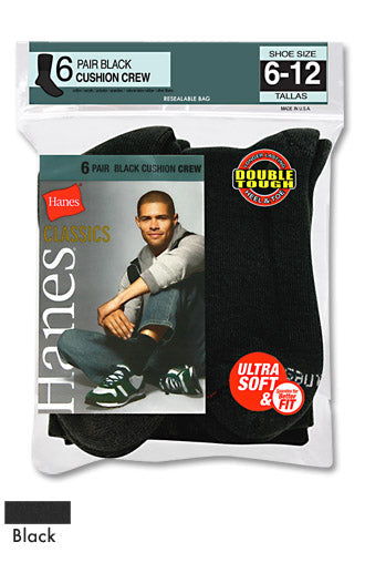 Men's Hanes Classics Black Cushion Crew Socks
