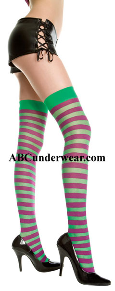 Opaque stripe thigh hi Green-Purple