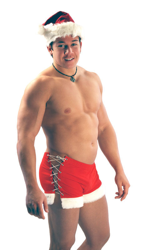 Santa Lace-Up Short Mens - Red and White Sexy Christmas Short Santa Lace-Up Short Mens - Red and White Sexy Christmas Short