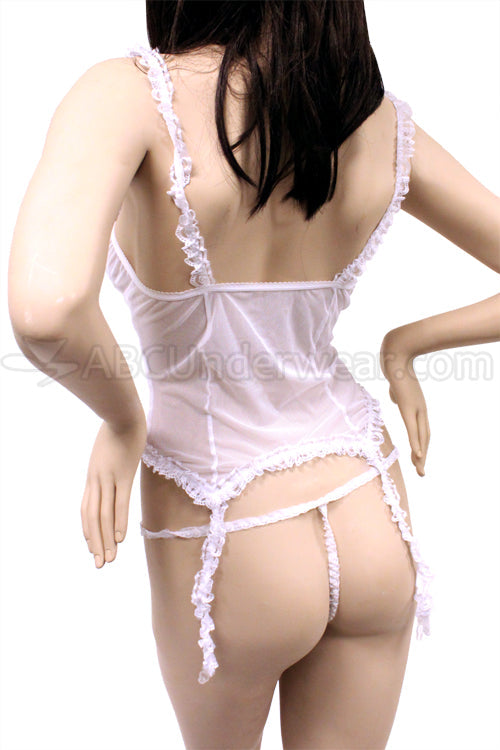 Sheer Lace Garter Bustier & G-String Lingerie Set - White