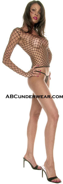 Stylish Spandex Fence Net Long Sleeve Top Set with Matching Thong