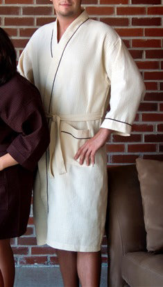 Waffle Kimono Robe Beige with Brown Piping