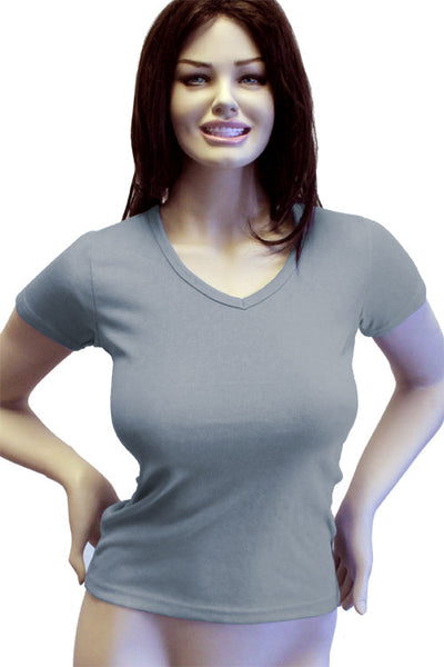 Womens Cotton V-Neck T-Shirt - Ribbed Slate Gray-Blue