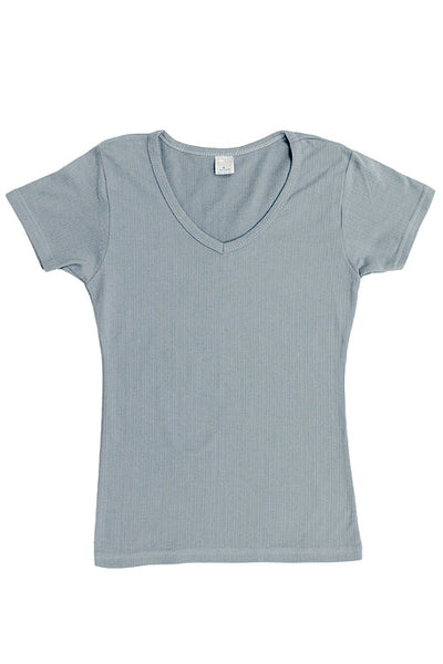 Womens Cotton V-Neck T-Shirt - Ribbed Slate Gray-Blue