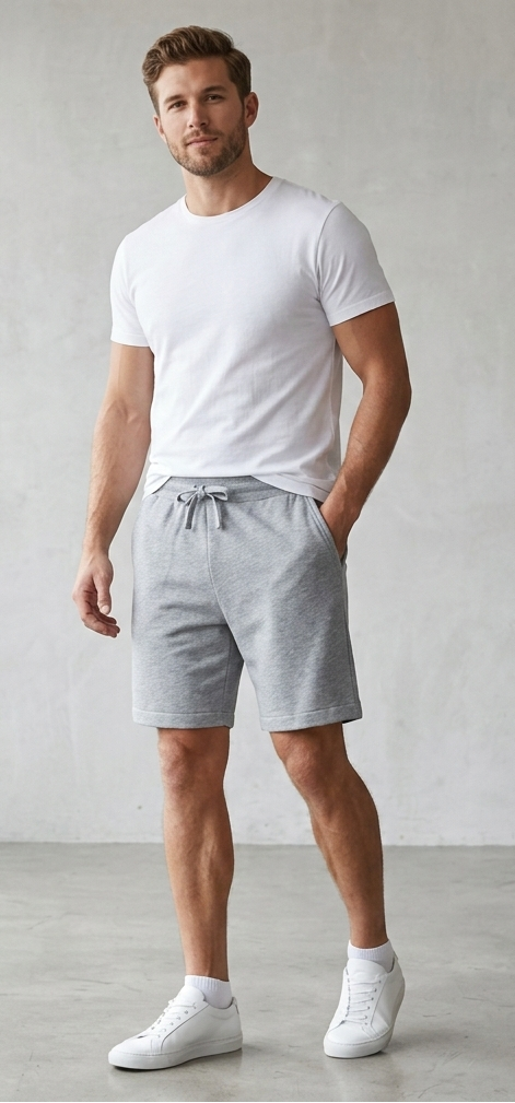 Man wearing a white t-shirt and gray abc shorts standing in a minimalistic room.