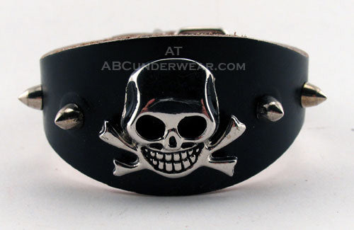 Black Leather Skull Bracelet with Spikes