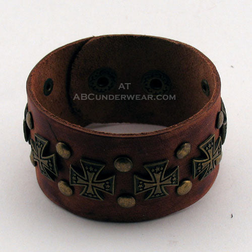 Brown Leather Wrist Cuff with Crosses