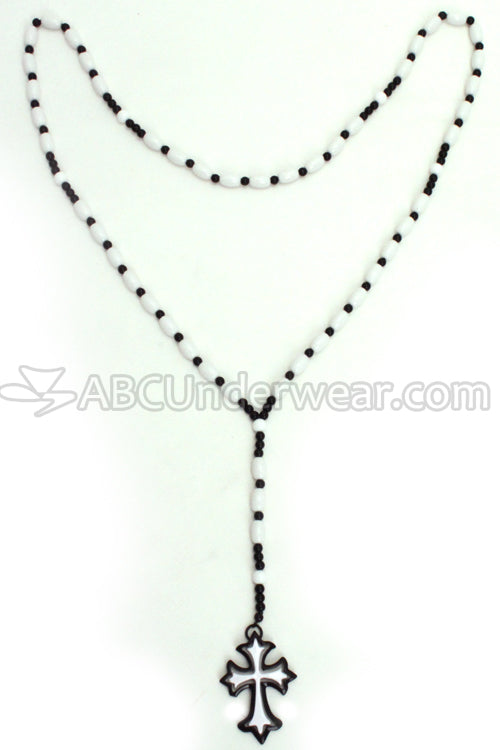 Double Cross Black and White Rosary Necklace