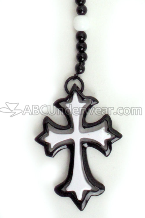 Double Cross Black and White Rosary Necklace