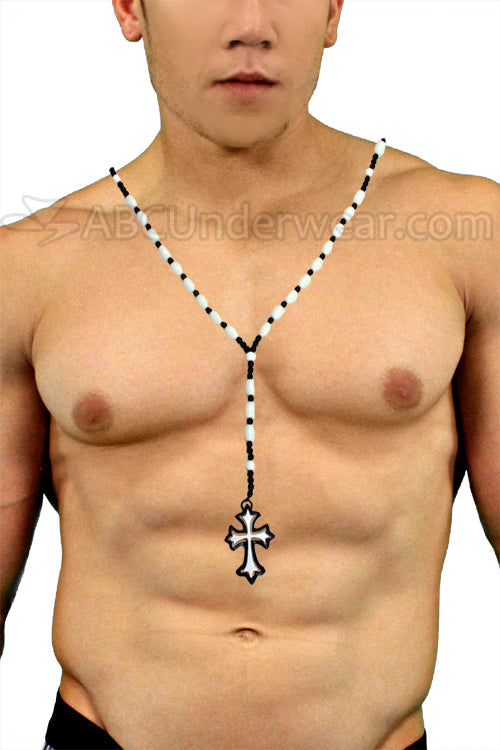 Double Cross Black and White Rosary Necklace