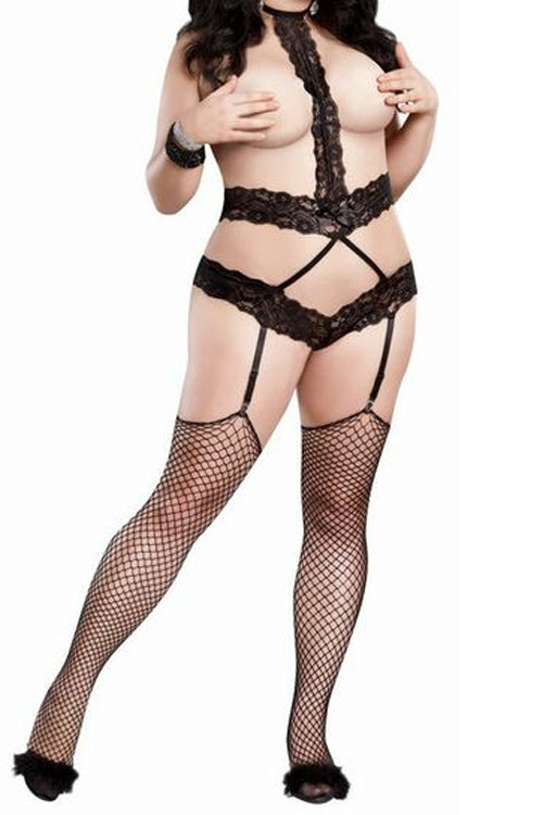 Elegant Black Lace Arrow Teddy with Garters for Plus Size Individuals