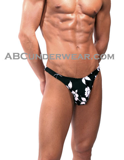 Elegant Black and White Floral Thong Swimwear