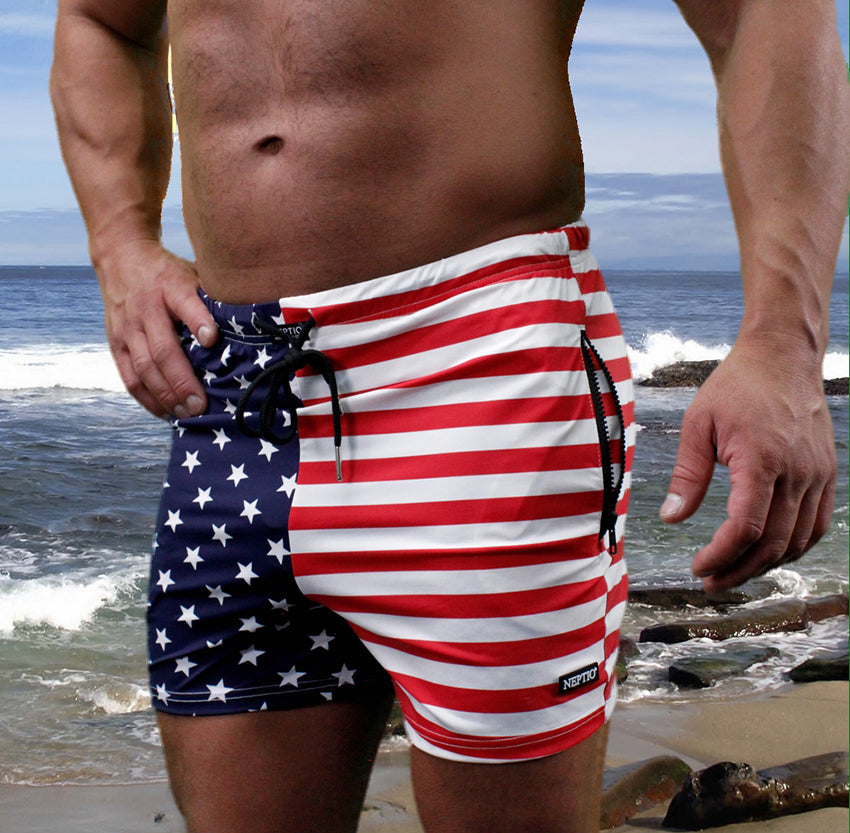Stars Stripes Men Swim Briefs, USA Patriotic American Flag Red