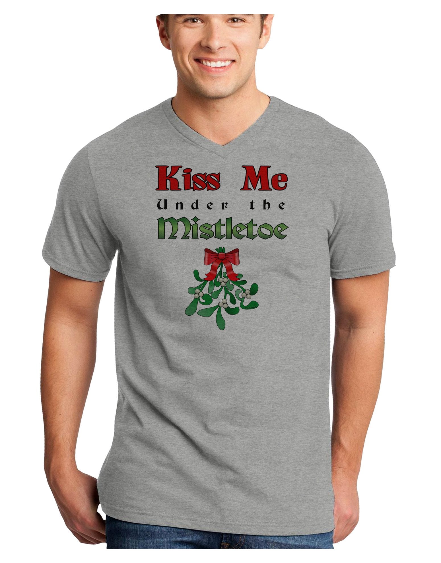 Kiss Me Under the Mistletoe Christmas Unisex Adult V-Neck T-shirt