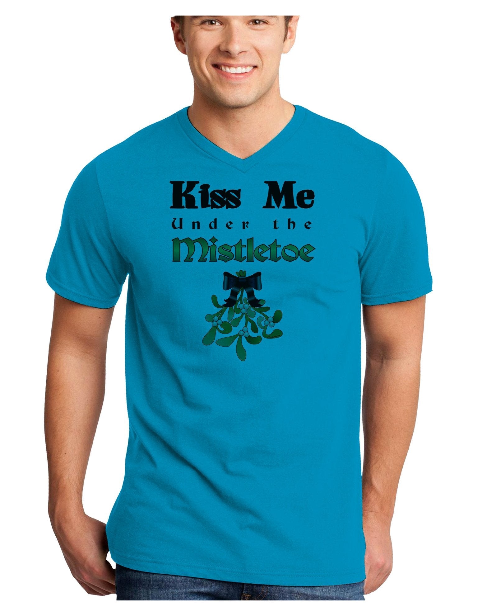 Kiss Me Under the Mistletoe Christmas Unisex Adult V-Neck T-shirt