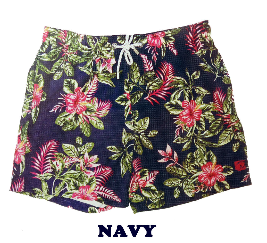 Mens Swim Shorts Hibiscus Island w/ Elastic Waist