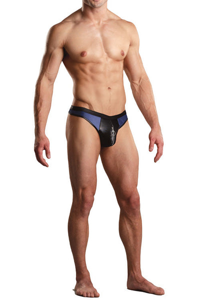 Stylish Leather Zipper Pouch Thong in Blue and Black-Male Power-ABC Underwear