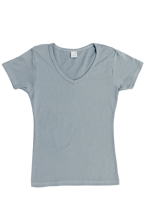 Womens Cotton V-Neck T-Shirt - Ribbed Slate Gray-Blue